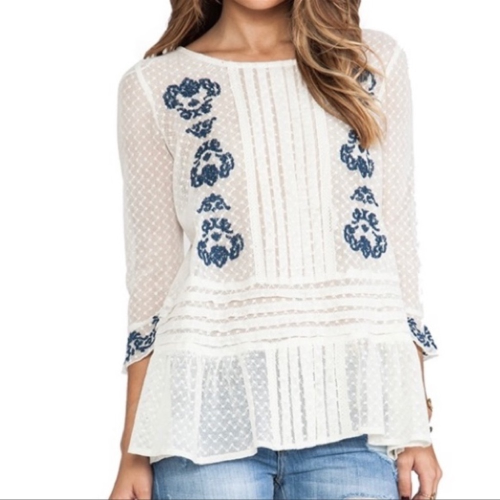 Free People Jocely’n Boho Lace Embroidered Pleated Bell Sleeves Top Women’s XS